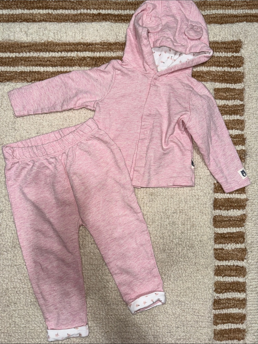 Rabbit + Bear 2 Piece Pink Hooded Outfit Set 6-9 Months 100% Cotton Like New